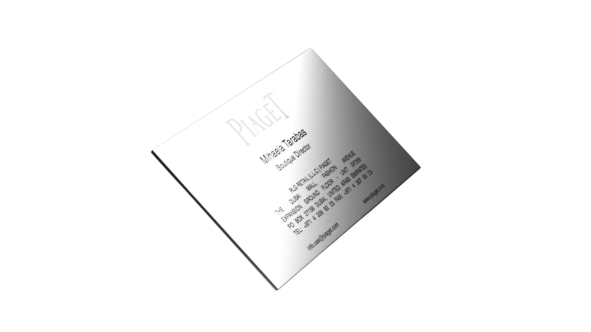 rendered sterling silver Piaget business card front