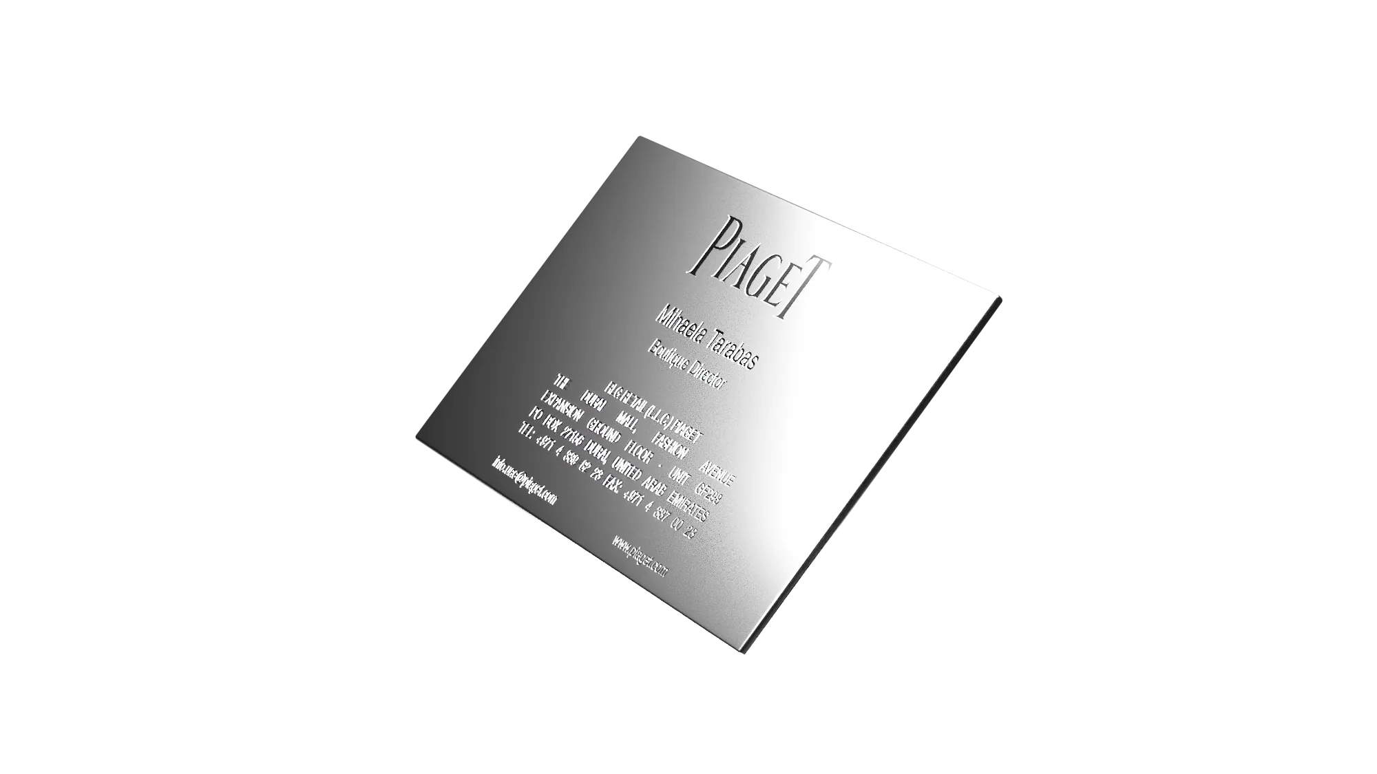 rendered sterling silver Piaget business card oblique angle