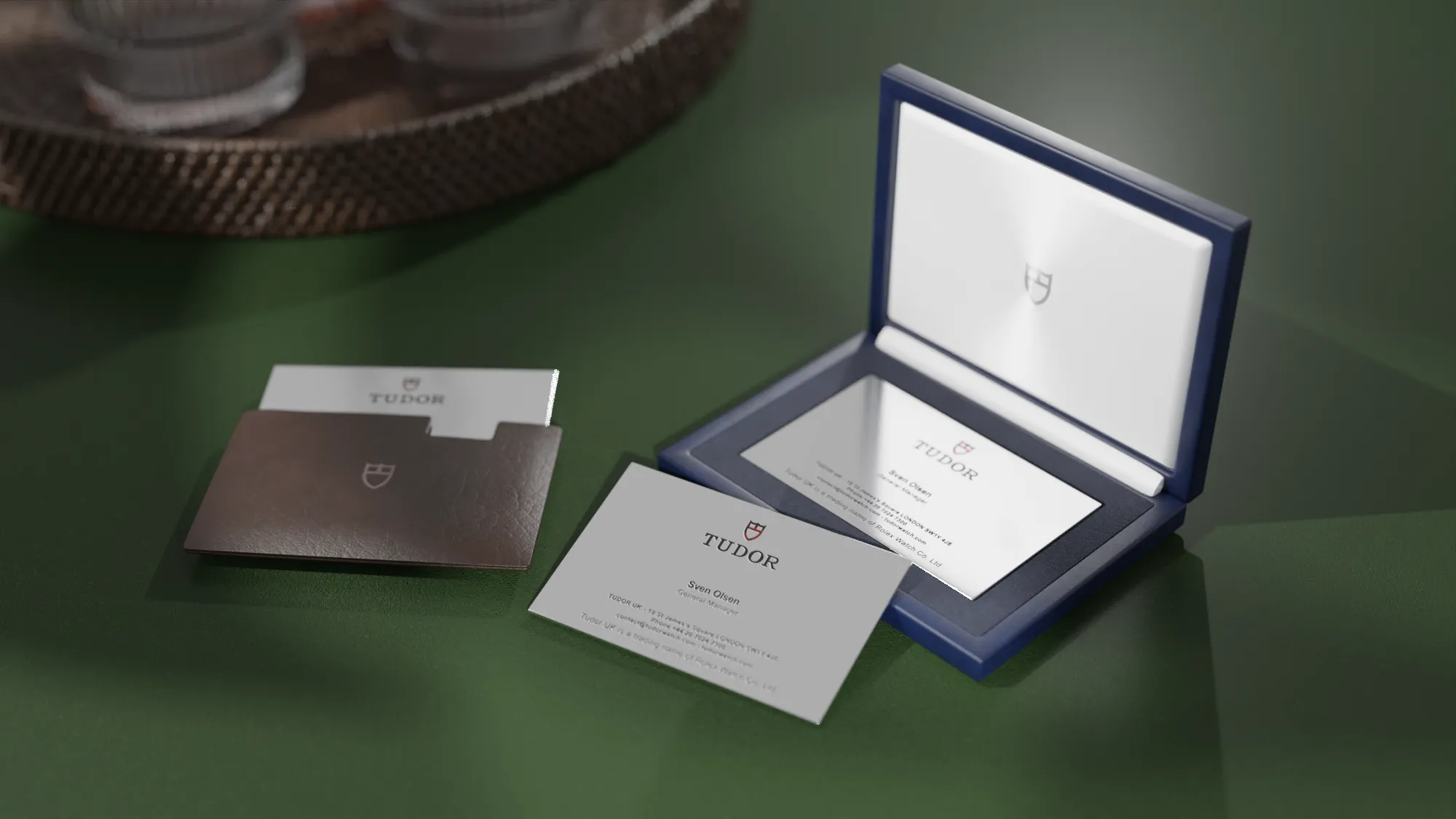 Tudor business cards in sterling silver with brown mushroom leather pouch and FSC-certified wooden case