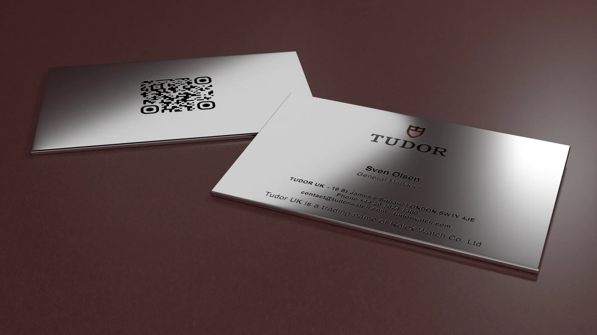 rendered Tudor business cards in sterling silver
