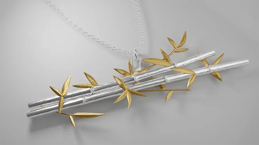 photorealistic render of sterling silver bamboo shoots with gold leaves