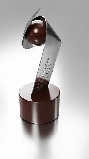 product render of a sterling silver trophy in a spiral shape with a wooden cricket ball detail