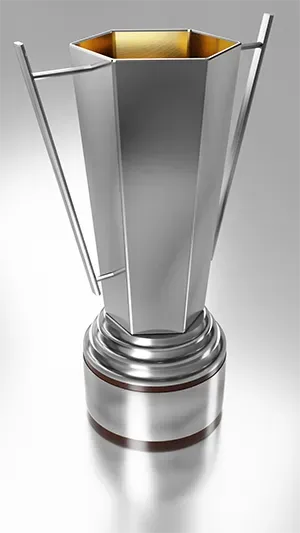product render of a sterling silver trophy in the shape of a hexagon with two handles and a silver gilt interior